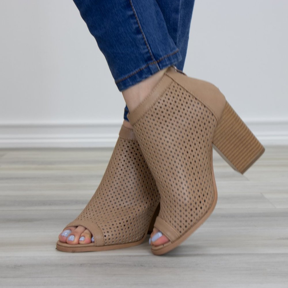 Taupe Perforated Heeled Open Toe Ankle Boots - Picture 4 of 9